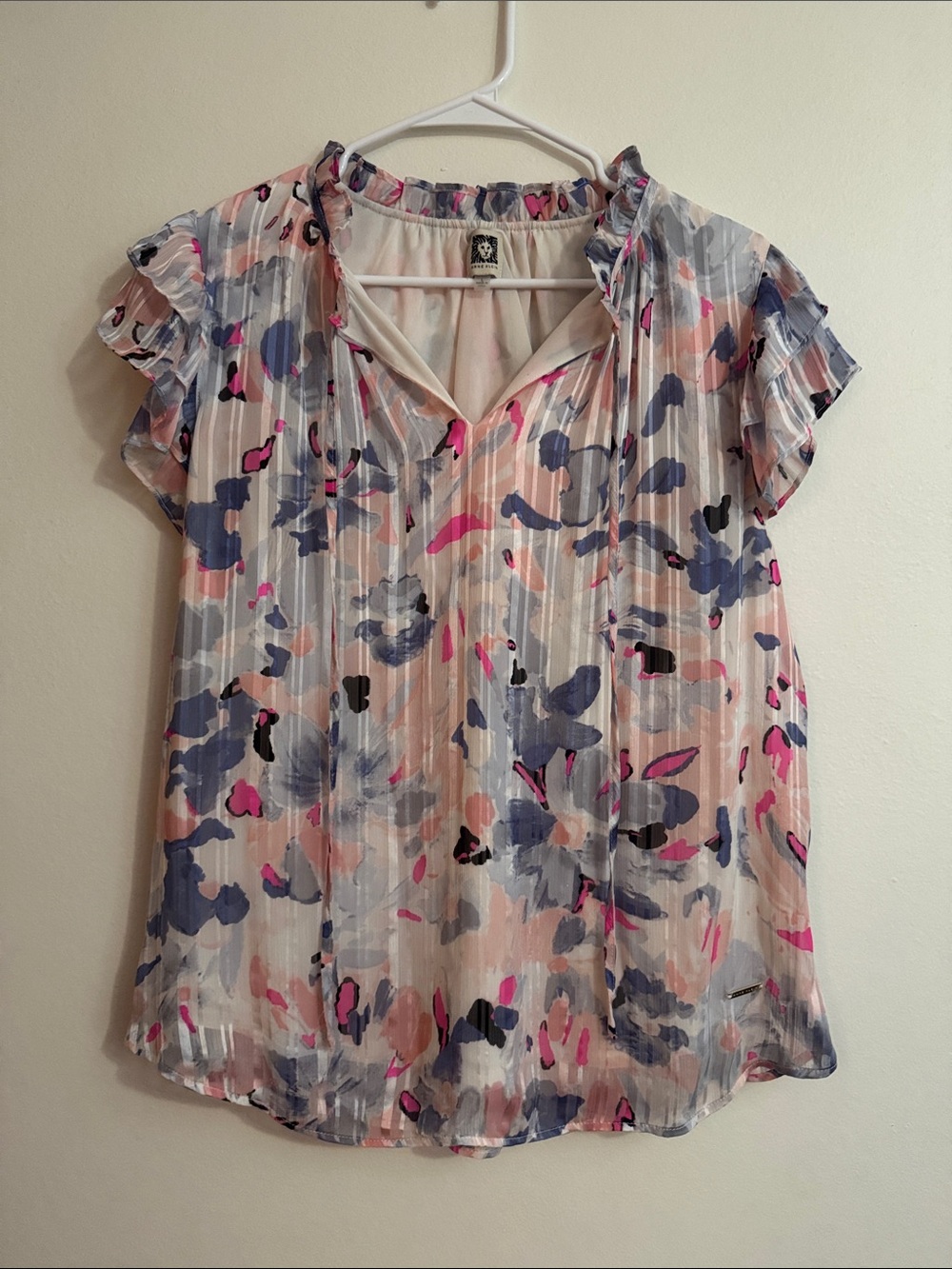 Anne Klein Pink and Blue Floral Ruffle Sleeve Blouse